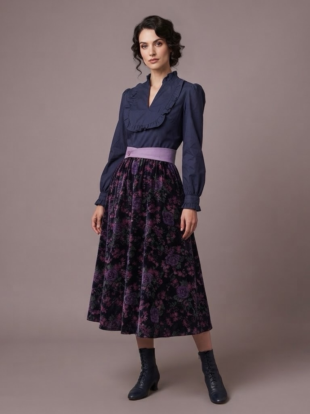 Vintage Vincenti Navy & Floral Velvet Midi Dress ILGWU Union Made Size 8